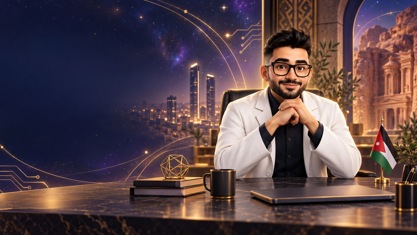 سامي جالس في مكتبه مع لمسات من الأردن